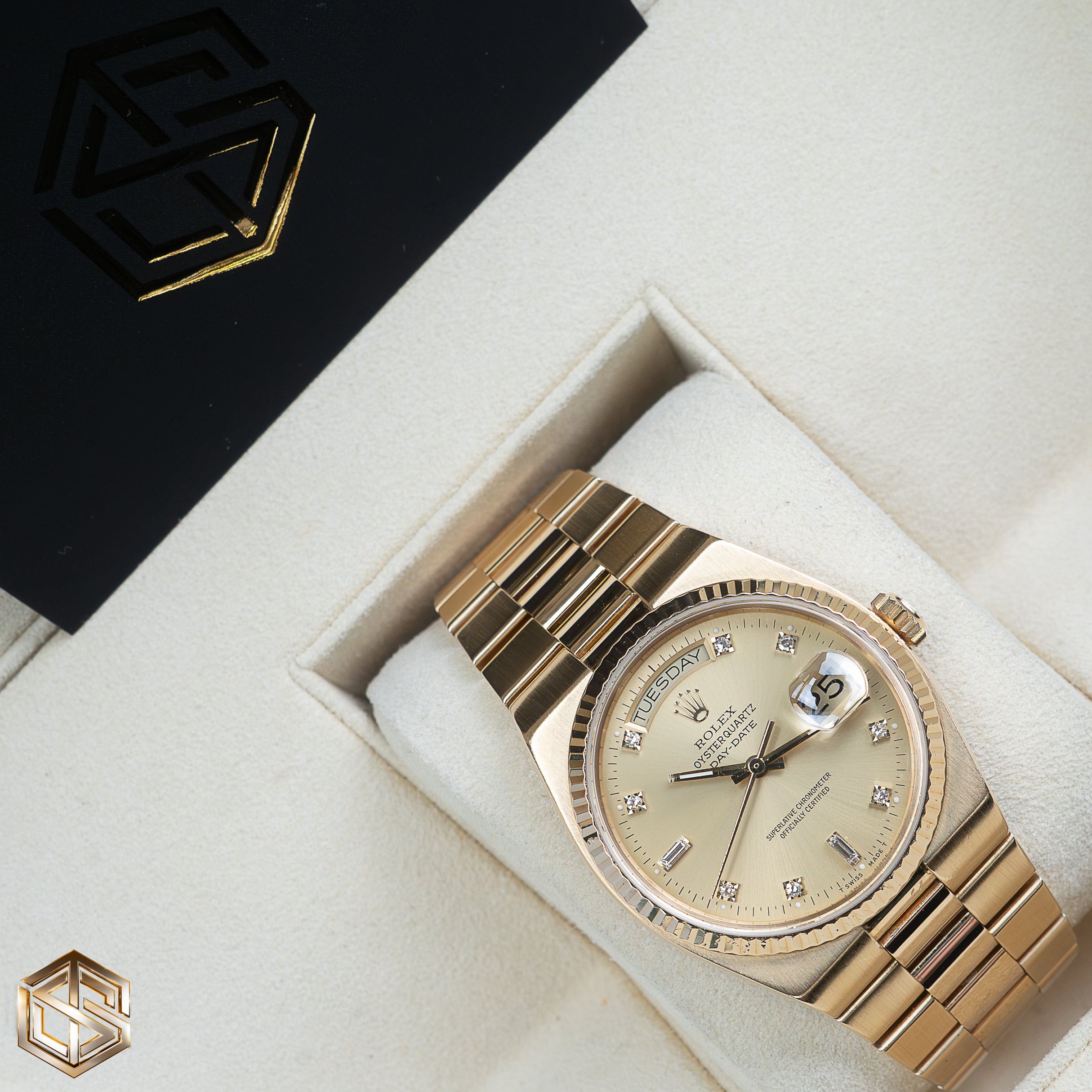 Rolex 19018 Day Date Yellow Gold Quartz 1995 Serviced 2020 Full Set Watch SwissTimepieces
