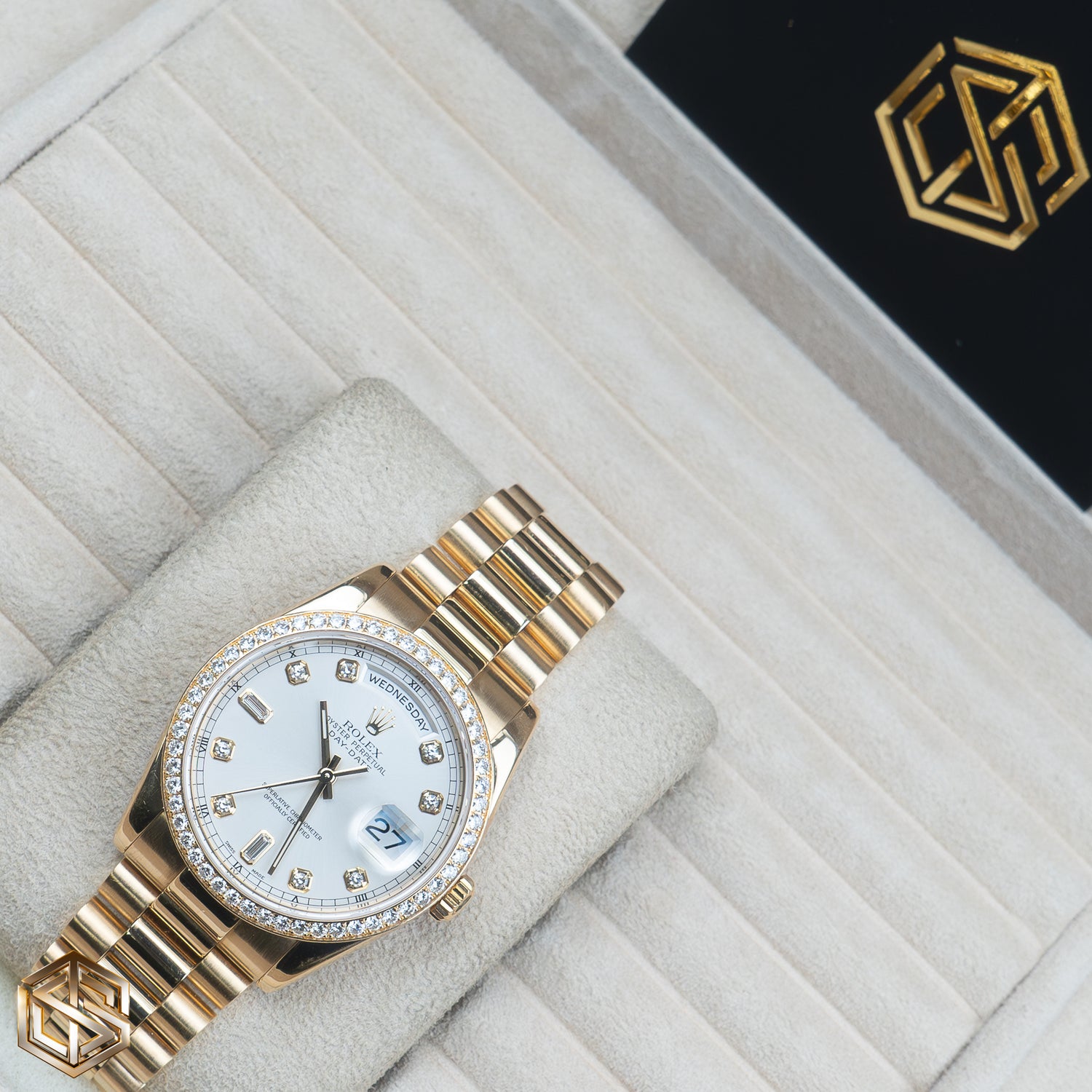Rolex 118348 Day-Date 36 Yellow Gold Factory Diamond Dial & Bezel 2004 Serviced 2019 Full Set Watch