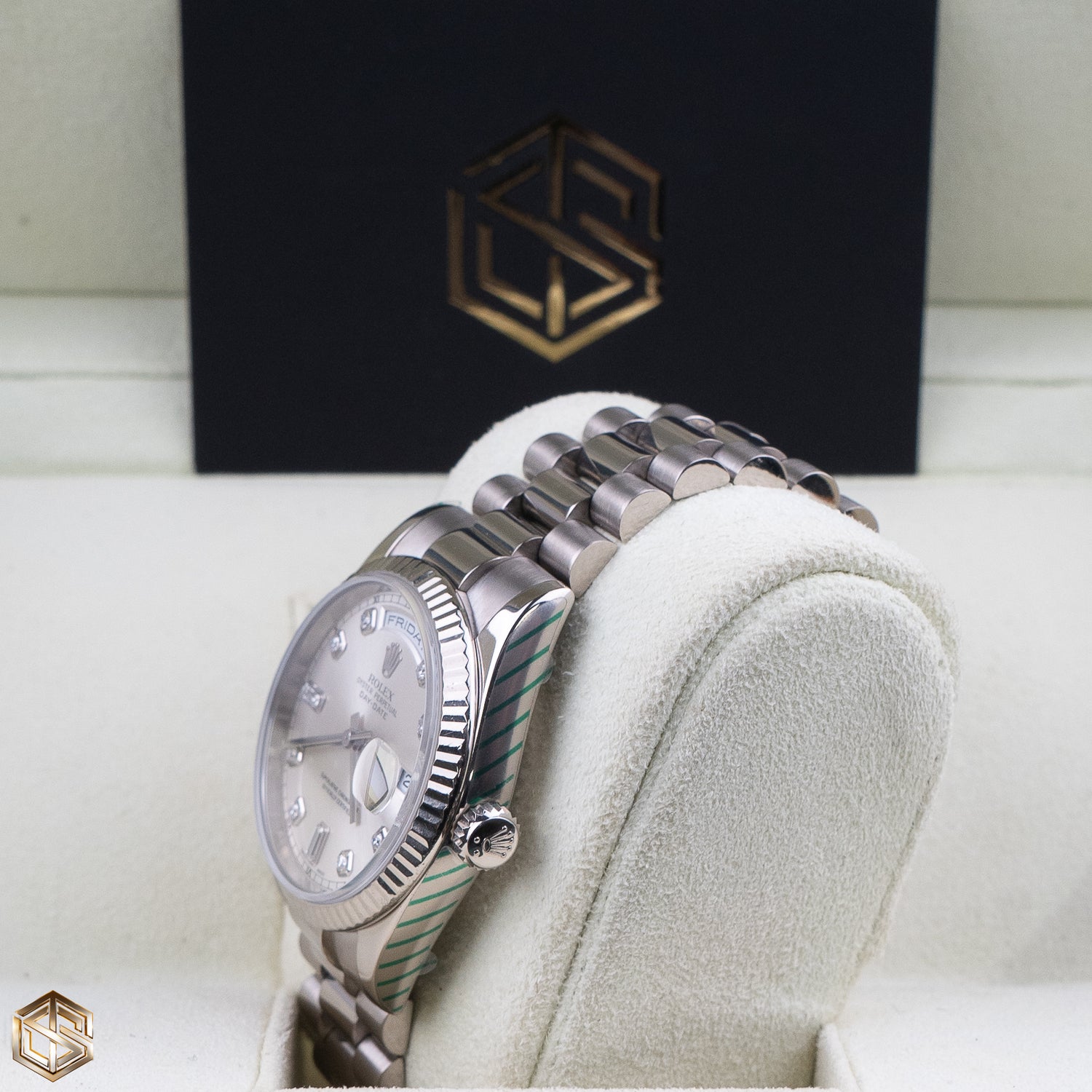 Rolex 118239 UNWORN Day-Date 36 White Gold Silver Diamond Dial 2017 Serviced 2023 Full Set Watch