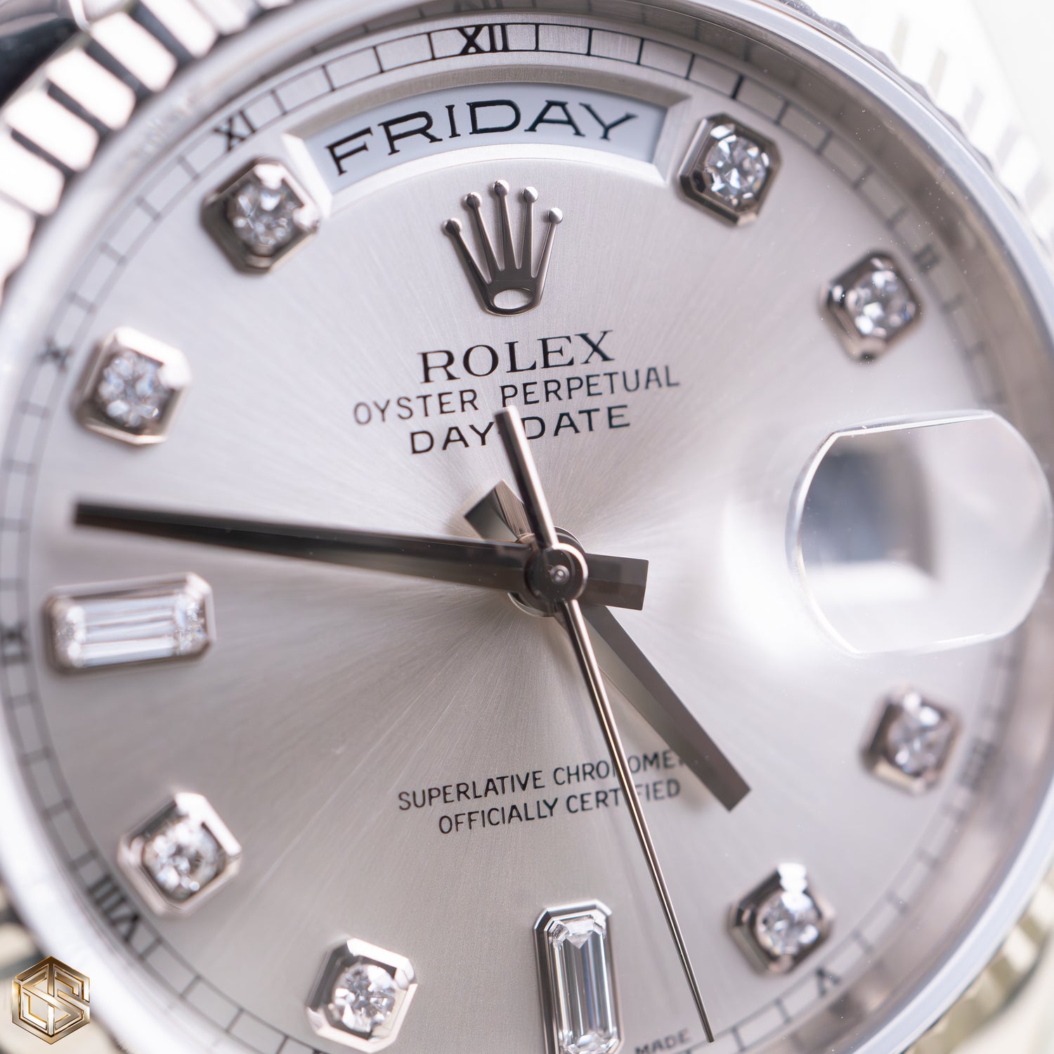 Rolex 118239 UNWORN Day-Date 36 White Gold Silver Diamond Dial 2017 Serviced 2023 Full Set Watch