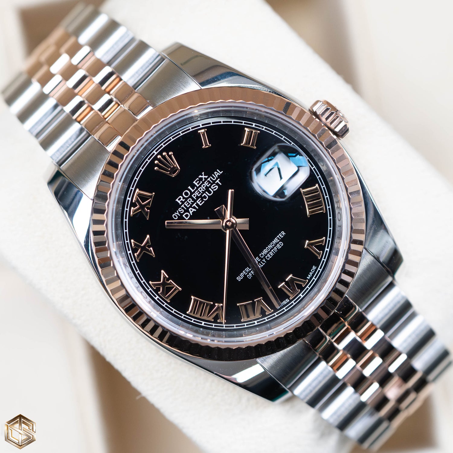 Rolex 116231 Datejust 36 Black Roman Numeral Dial Everose Jubilee Bracelet 2015 Full Set Watch