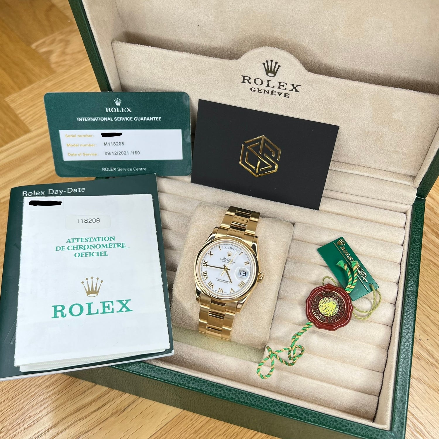 Rolex 118208 Day-Date 36 White Roman Dial 2001 Serviced 2021 Full Set Watch - SwissTimepieces