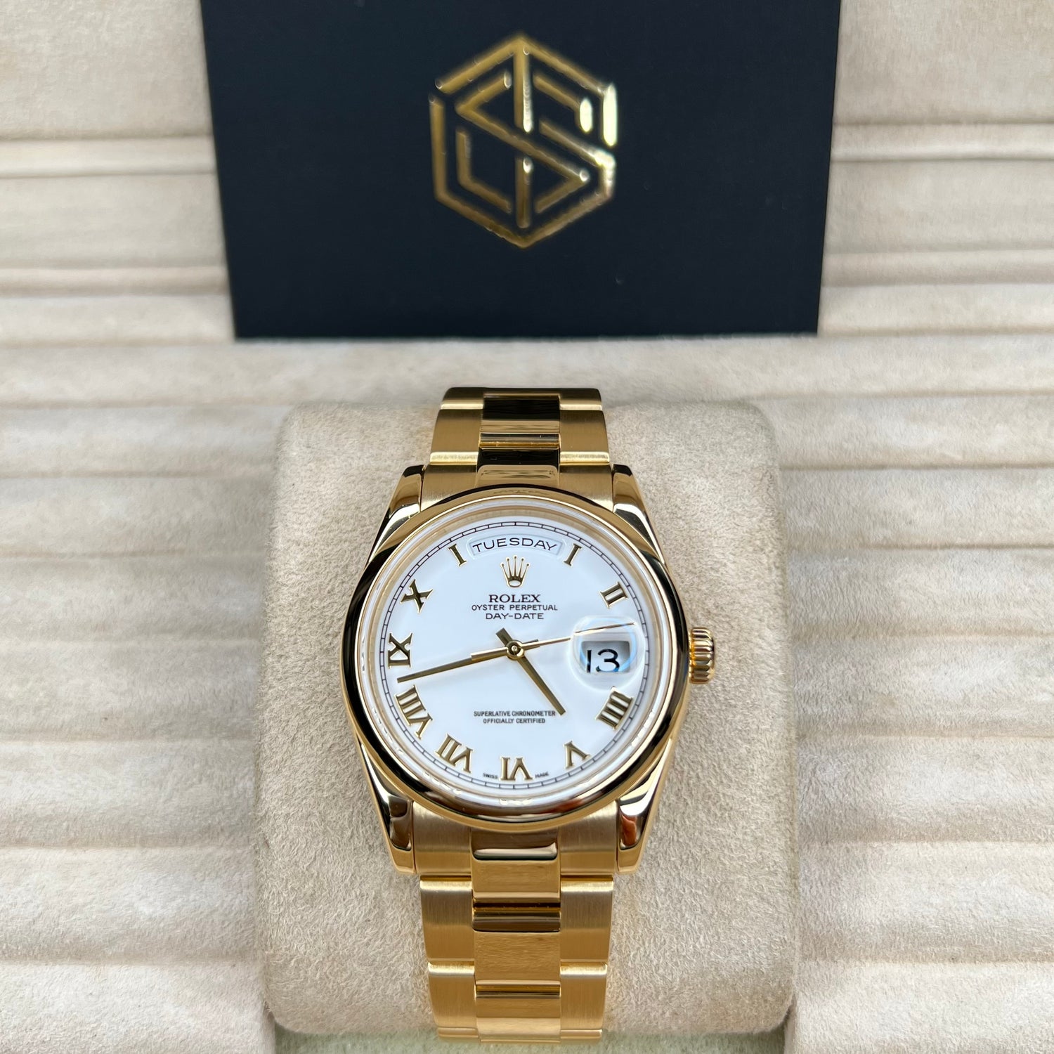 Rolex 118208 Day-Date 36 White Roman Dial 2001 Serviced 2021 Full Set Watch - SwissTimepieces