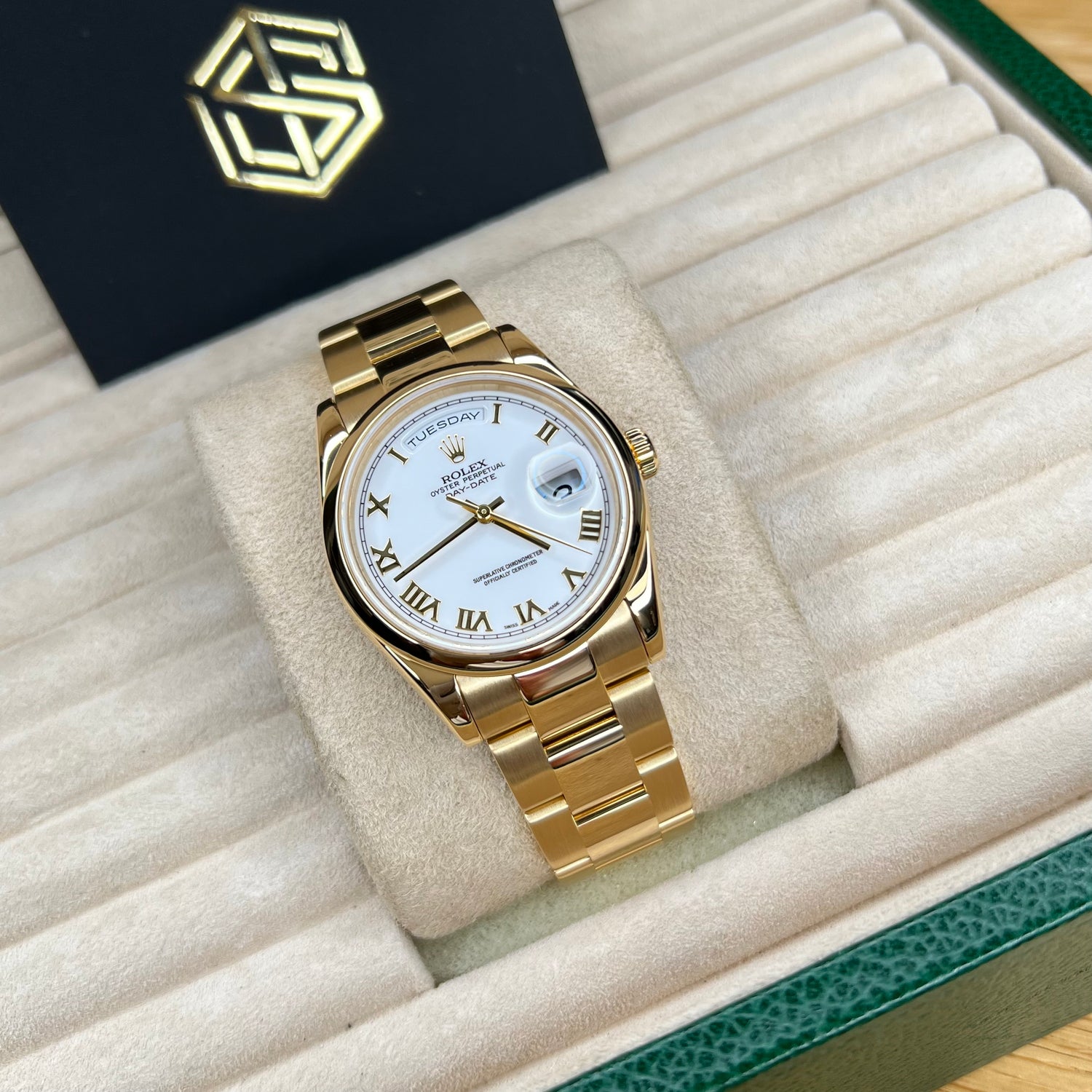 Rolex 118208 Day-Date 36 White Roman Dial 2001 Serviced 2021 Full Set Watch - SwissTimepieces