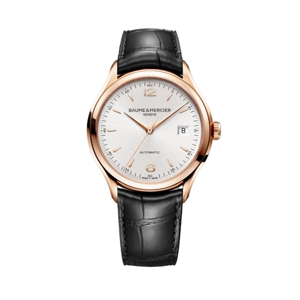 Baume & Mercier Clifton 18-carat Rose Gold with a Black leather strap Watch 10058
