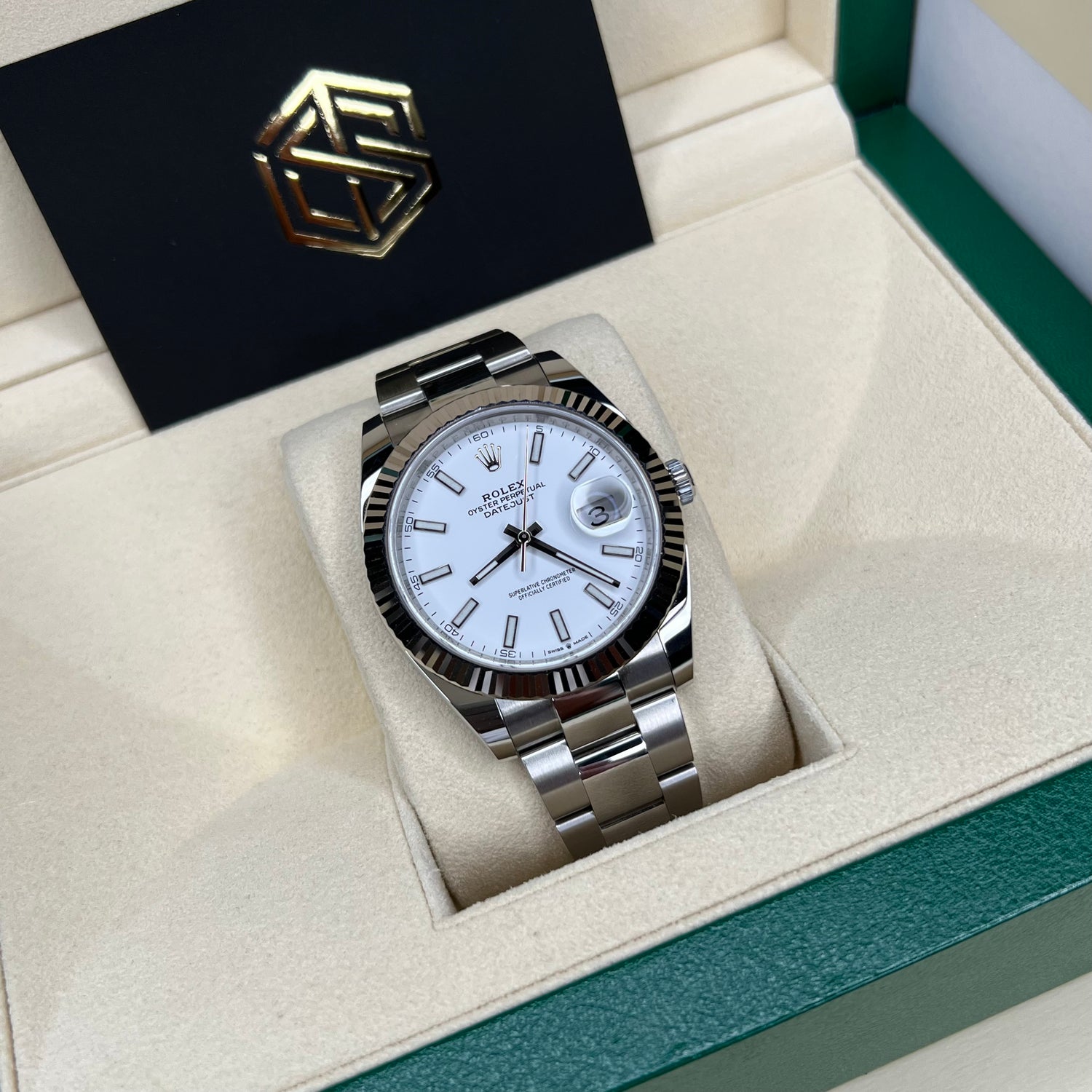 Rolex 126334 Datejust 41 White Baton Dial Oyster 2020 Full Set Watch - SwissTimepieces